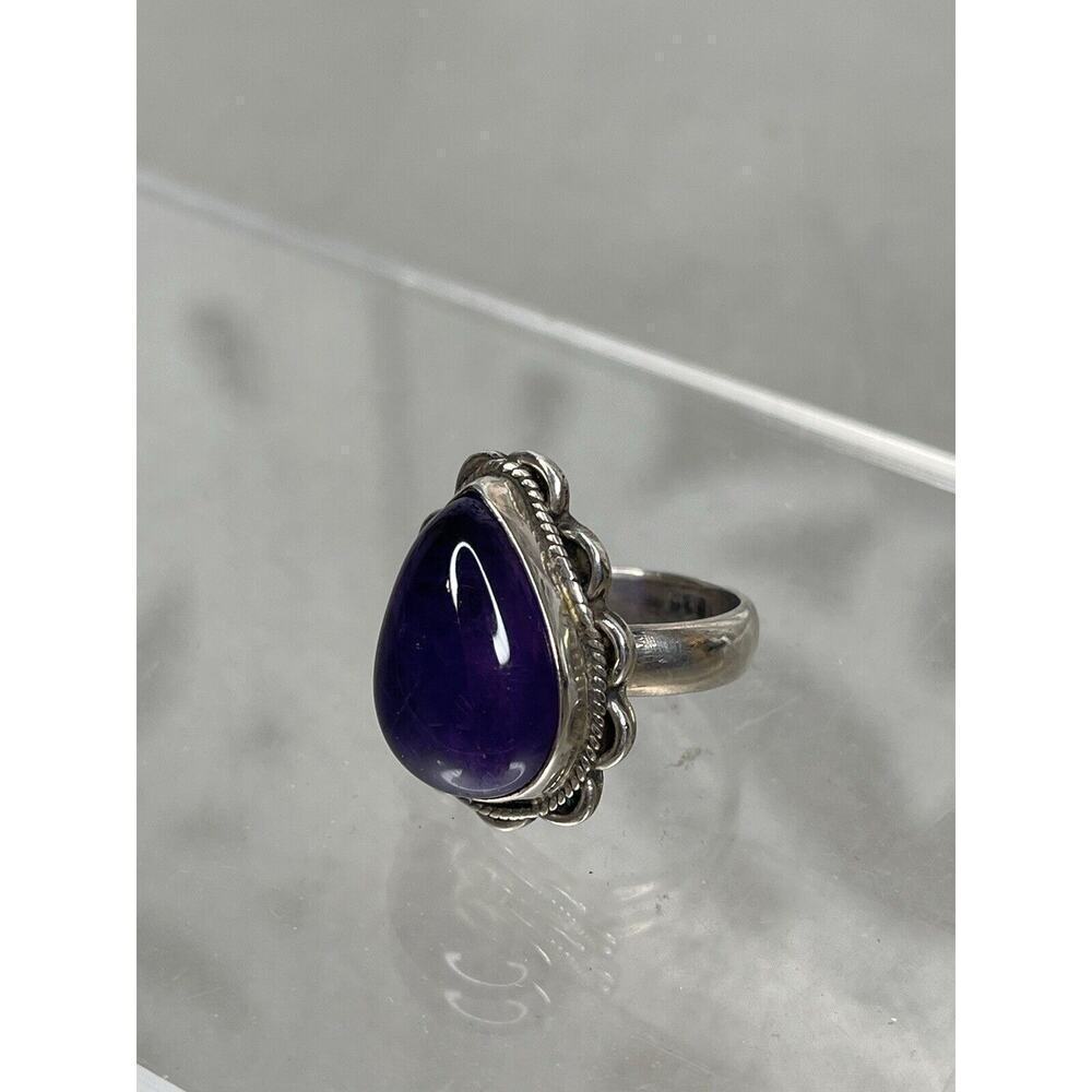 925 Sterling Silver Purple Amethyst Gem Teardrop Jewelry Vintage Ring Sz 6